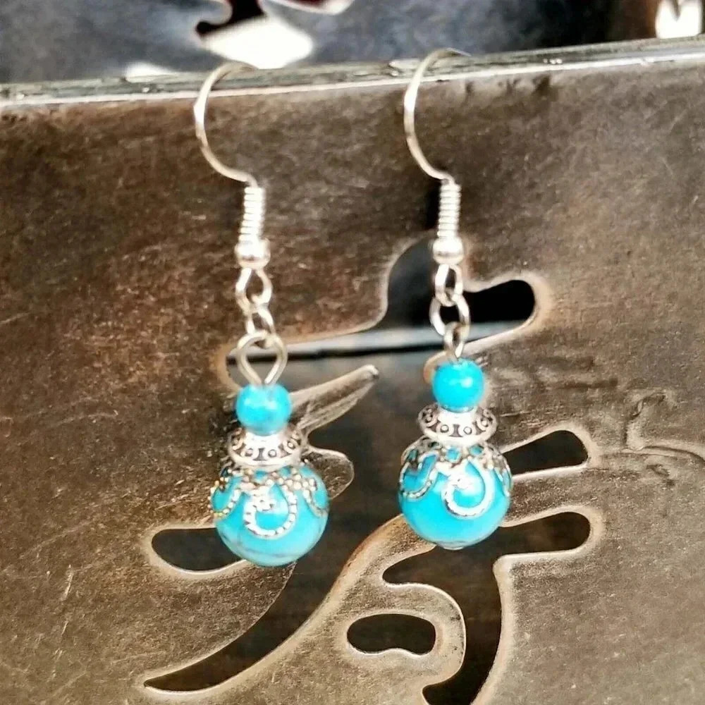 Handmade Turquoise Victorian Lace Art Nouveau Gemstone Bead Drop Earrings - Picture 1 of 7